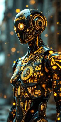 The primary subject of the image is a robotic figure with a futuristic design. The robot is adorned with various symbols and patterns, giving it a unique and intricate appearance. The setting is a dark room, which adds to the robot's mysterious and captivating presence. The visual style of the image is a combination of digital art and illustration, creating a striking and detailed representation of the robot. The colors and mood of the image are predominantly dark and moody, with the robot's ill